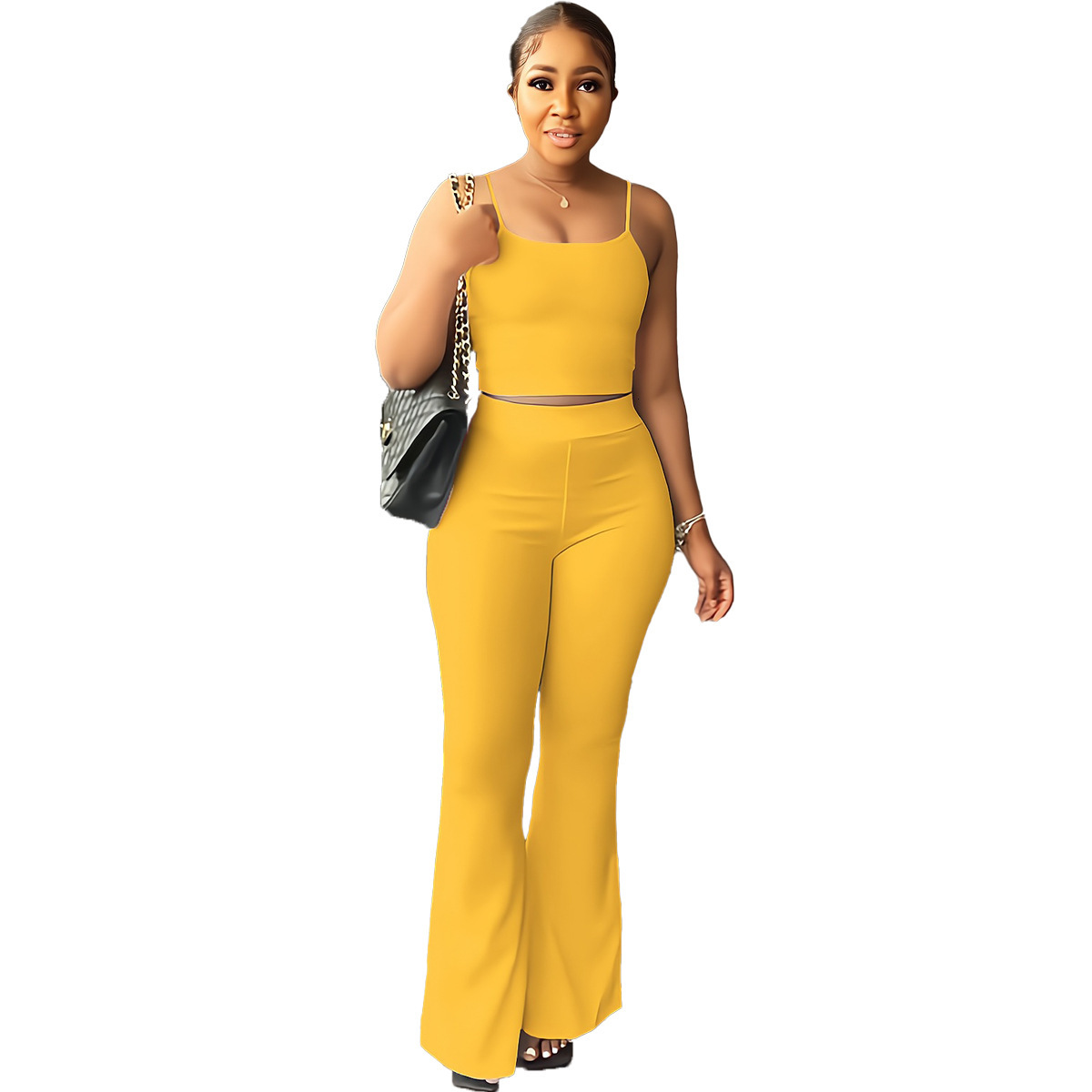 Womens Solid Color Camisole Slim Fit Bell-Bottom Pants Simple Fashion Set