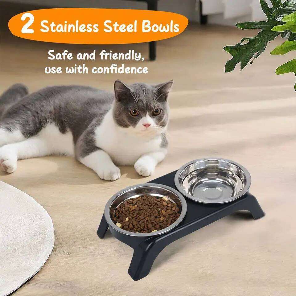 Elevated pet bowl with two stainless steel bowls, suitable for small medium-sized dogs cats, available in black and gray 26Y0312