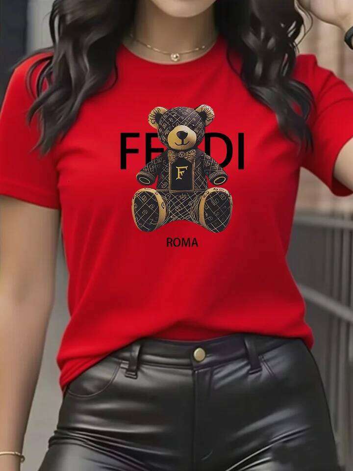 summer Graphic T-Shirt Short Sleeve Crew Neck with Soft Comfortable Spring Women's Light Blue Casual Teddy Bear Z260312