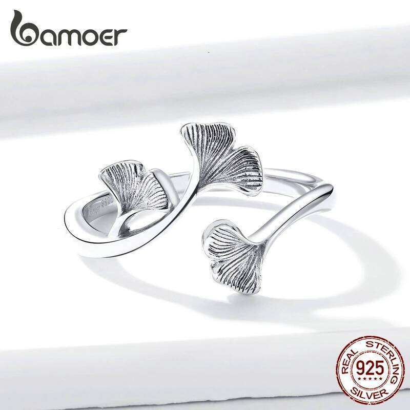 bamoer Design Ginkgo Leaf Finger Rings for Women Vintage Bijoux 925 Sterling Silver Trendy Wedding Jewelry BSR097 H260312