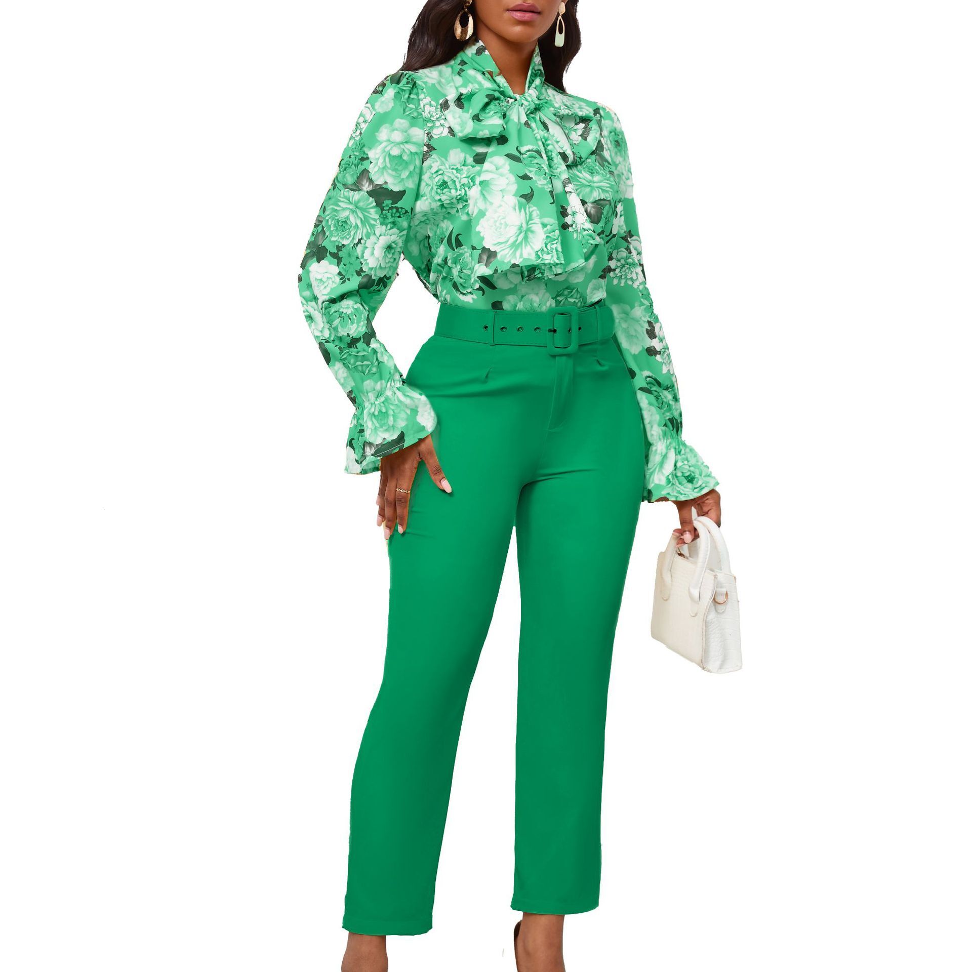 D457 New Fashion Printed Tie-Strap Long-Sleeve Top and High-Waisted Casual Pants Set