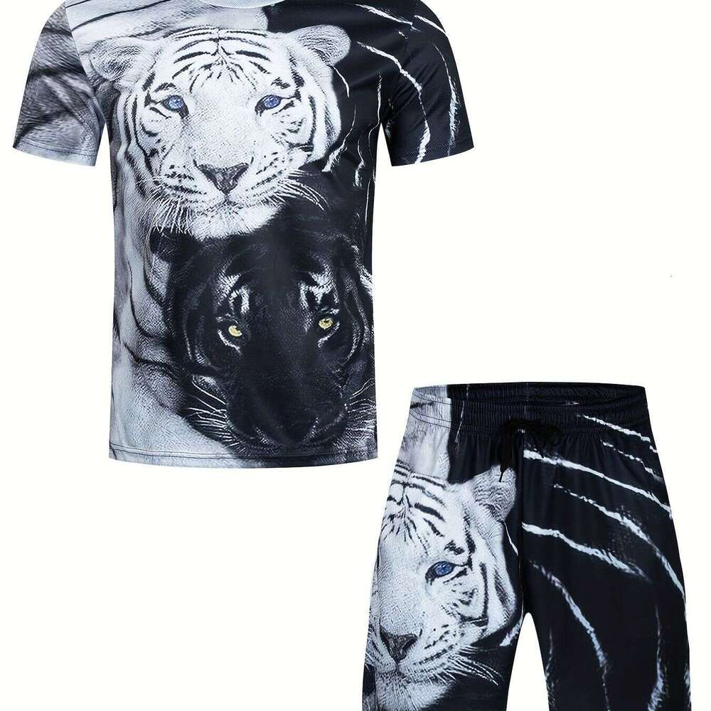 2026 Men's Printed Short-Sleeve T-Shirt and Shorts Set Casual Sports Suit Breathable Outdoor Summer 3D Print Adult