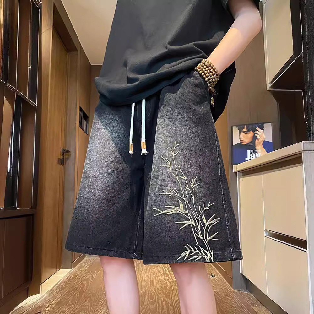 New Chinese-style Embroidered Denim Shorts For Men Washed Designer Pants 5-point Shorts Summer Thin Loose Retro Mid-length Pants Trendy Men's Pan