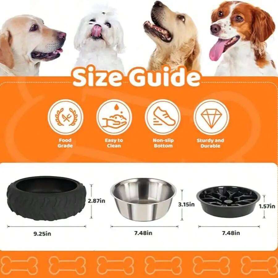 3-in-1 Stainless Steel Slow Feed Dog Bowl - Non-Slip Suction Cup Feeder 26Y0312