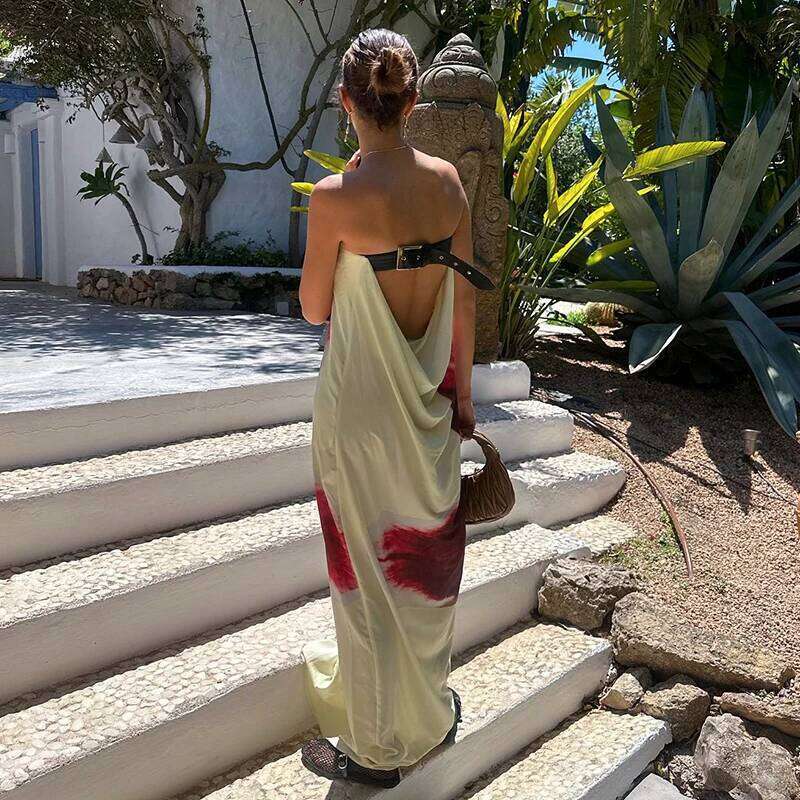 CUTENOVA Sexy Strapless Print Floral Belt Women Maixi Dress Yellow Backless High Waist Dresses Summer Holiday Elegant Beachwear C260311