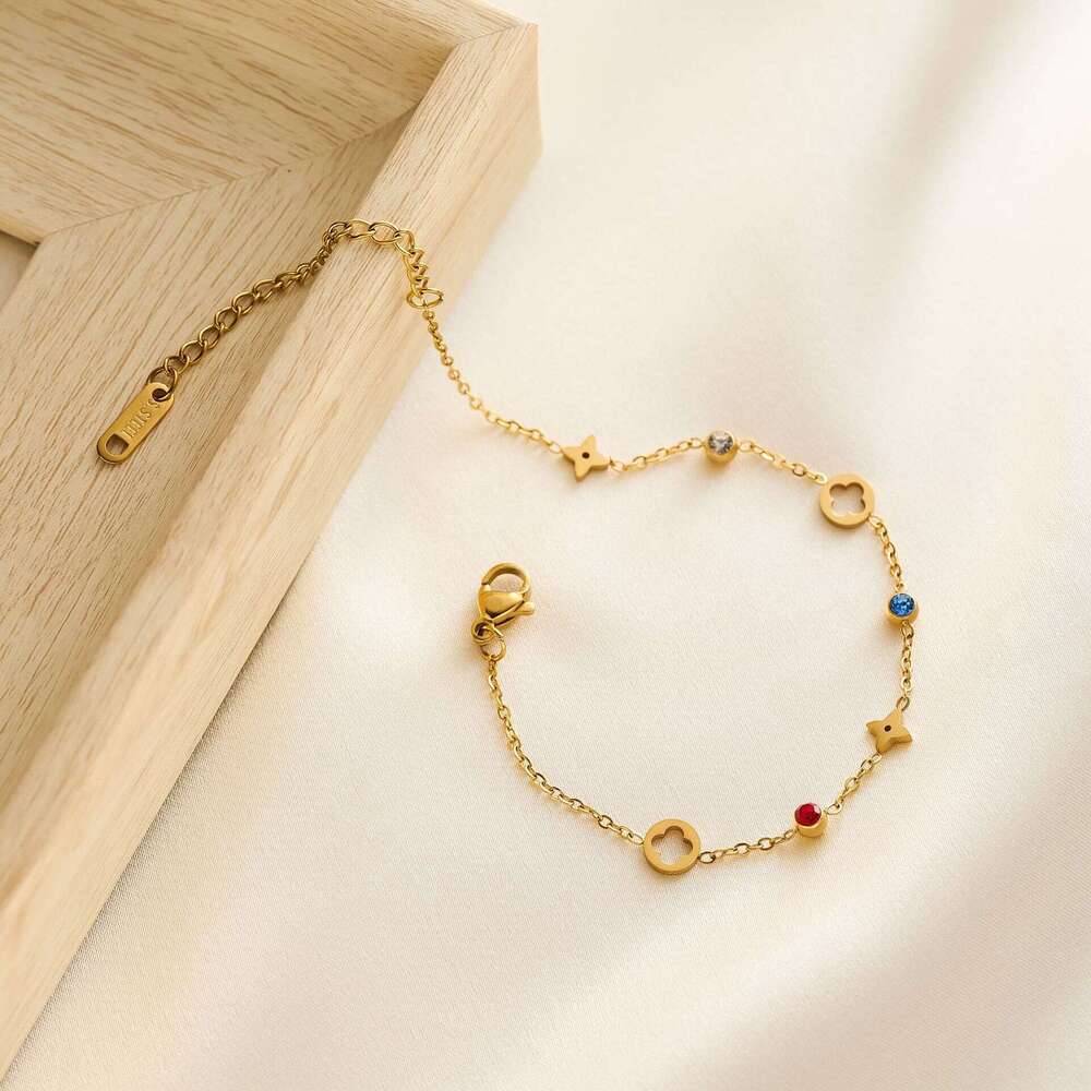 Women Jewelry Bracelets Charm Bracelets 18K Plated Four-Leaf Flower Colorful Zircon Inlaid European American Style Bracelet