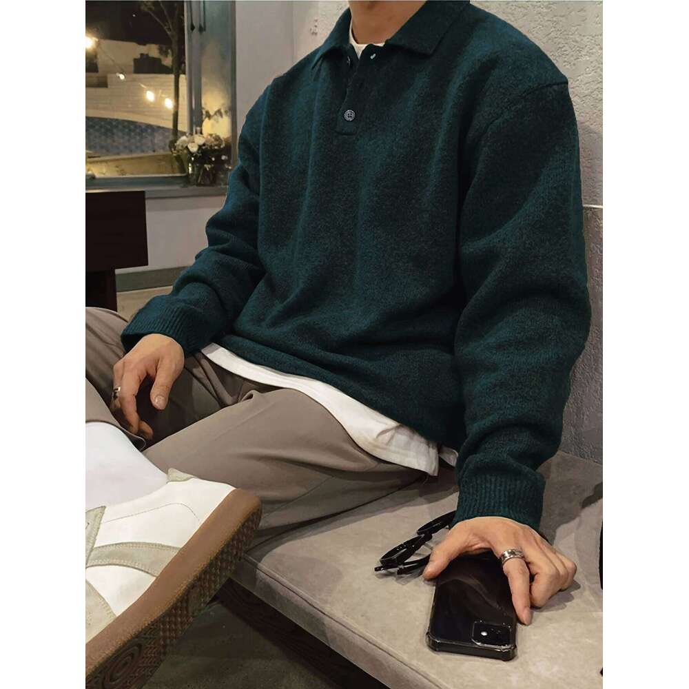LVLAEA Men's Long Sleeve Shirt Solid Color Lapel Buttonup Collar Fall Winter Loungewear Warm Fashion Loose Fit Old Money Style