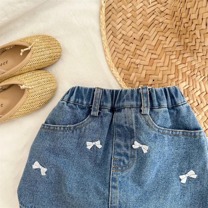 deer jonmi Summer Korean Style Baby Girls Denim Shorts Bowknot Embroidery Chic Toddlers Kids Skirt 260311