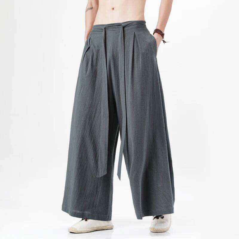 2023 Chinese Style Harajuku Cotton Linen Man Japanese Kimono Pants Male Streetwear Summer Retro Wide-Leg Trousers