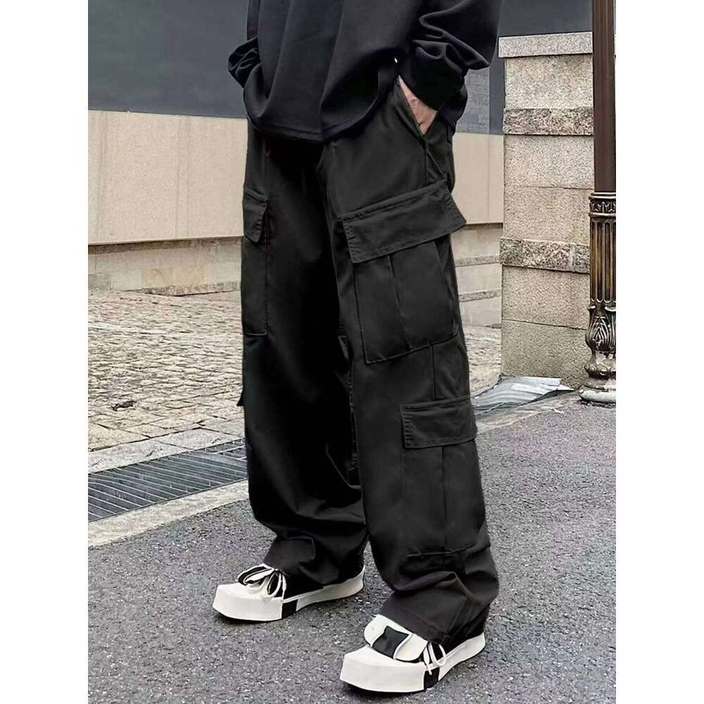 Men's Spring Autumn Cargo with Elastic Waistband Drawstring Adjustment, Solid Color Multi-Pocket Long Pants Suitable for Outdoor Sports and Leisu