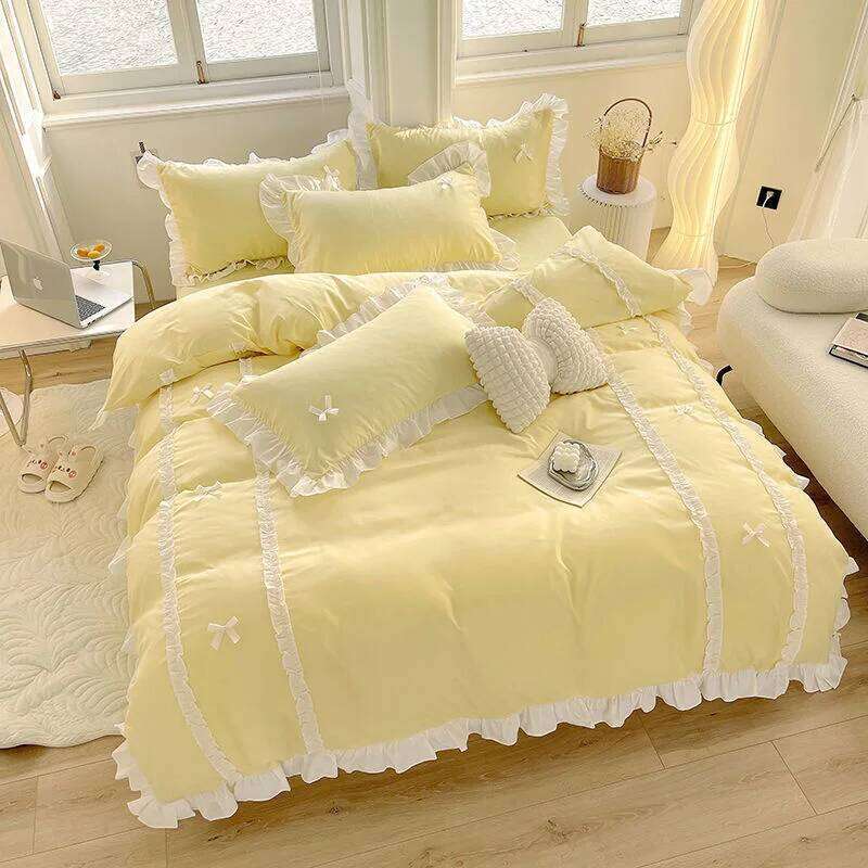 Korean Princess Style Bedding Sets Ins Lace Bowknot Duvet Cover Fitted Sheet For Girl Woman Home Bedroom Kawaii Bed Linens H260312