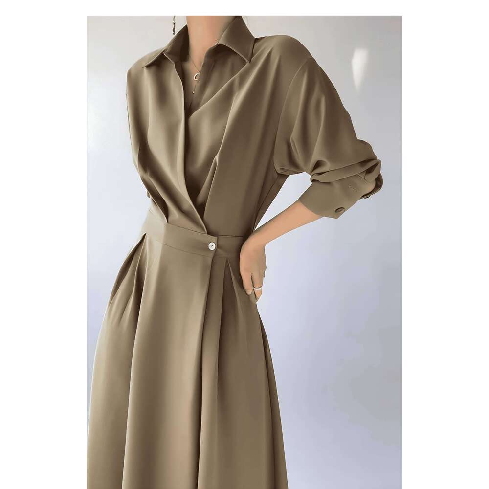 Spring and autumn women's long-sleeved lapel shirt dress, stylish elegant simple commuter Korean long skirt C260312