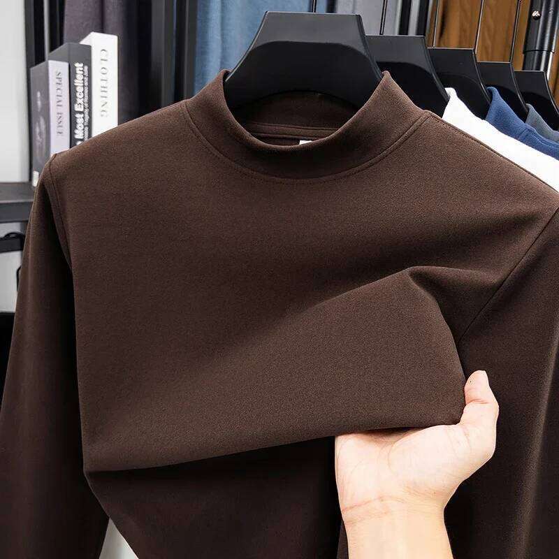 2025 New Men's Casual Solid Color High Collar Velvet Long Sleeve T-shirt Spring and Autumn Versatile Comfortable Top