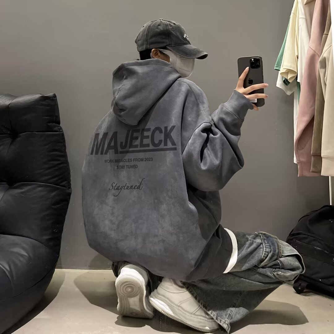 Pink Suede Hooded Sweatshirt For Men Spring And Autumn Trendy Designer Hoodie Brand Ins Heavyweight Cool Couple Loose Plus Size Casual Jacket