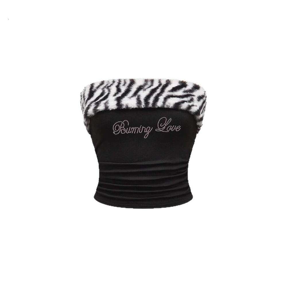 European American cross-border sweet and spicy design slim-fit tight plush leopard print patchwork cropped top for hot girls