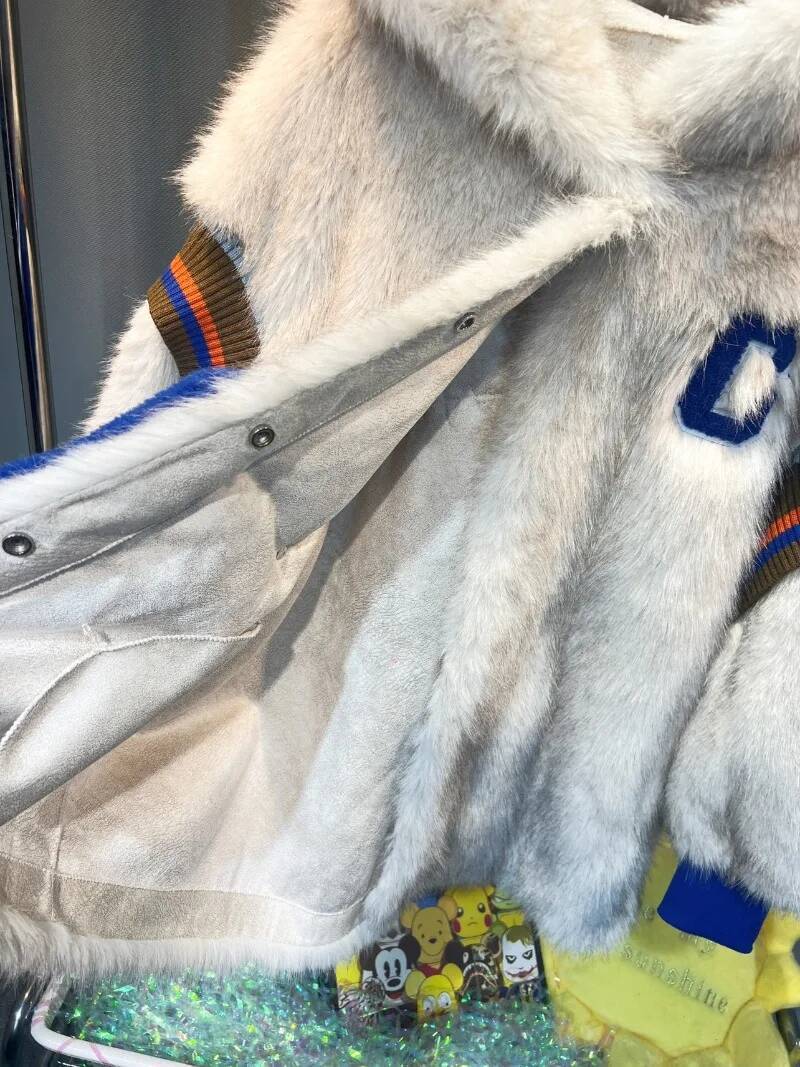 European Style Overcoats 2023 Winter New Embroidered Mink Hooded Faux Women's Fashion One Warm Large Pocket Fur Coat
