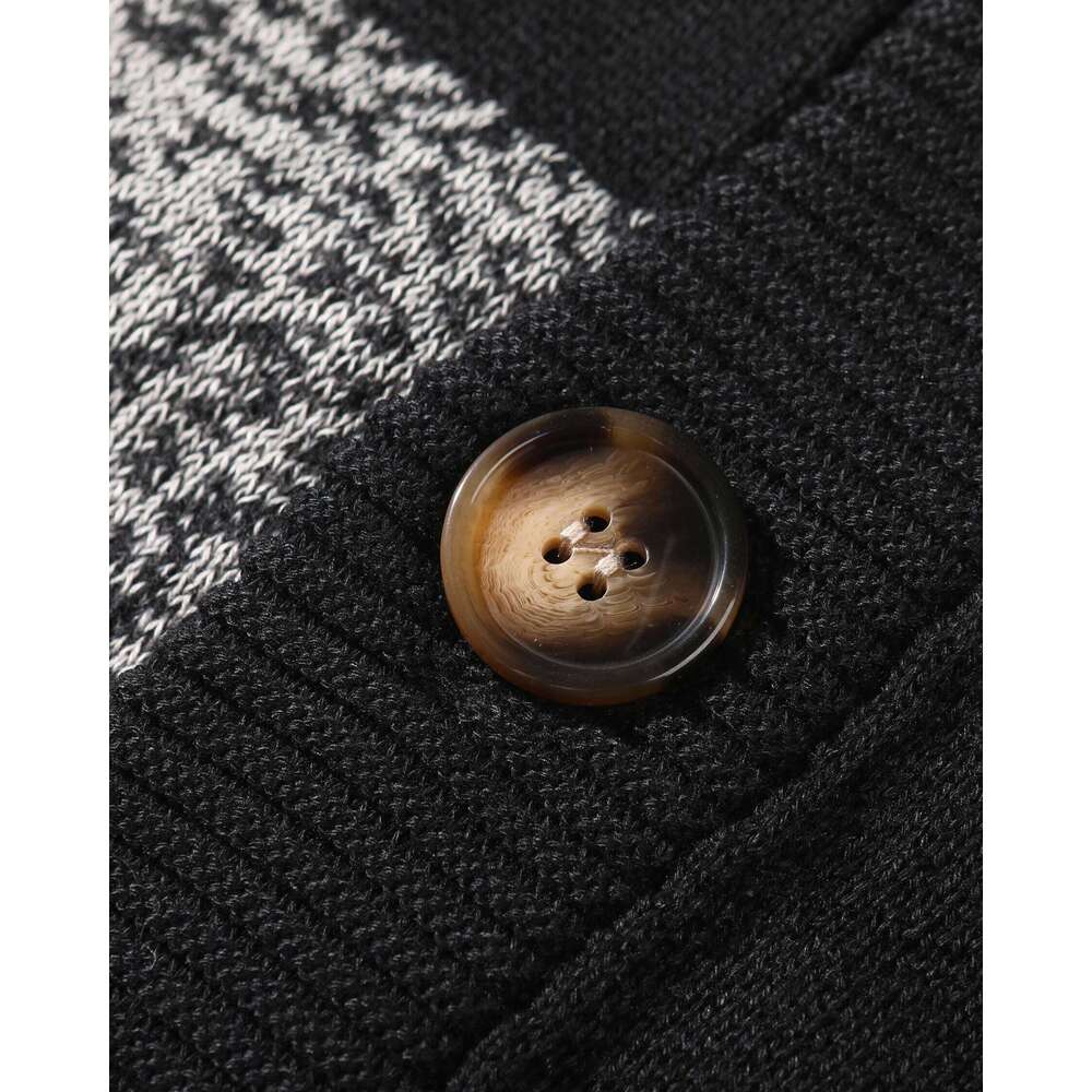 Men's Autumn Winter Cardigan Sweater, Black-White-Gray Plaid Color Block, Casual and Versatile Knitted Jacket
