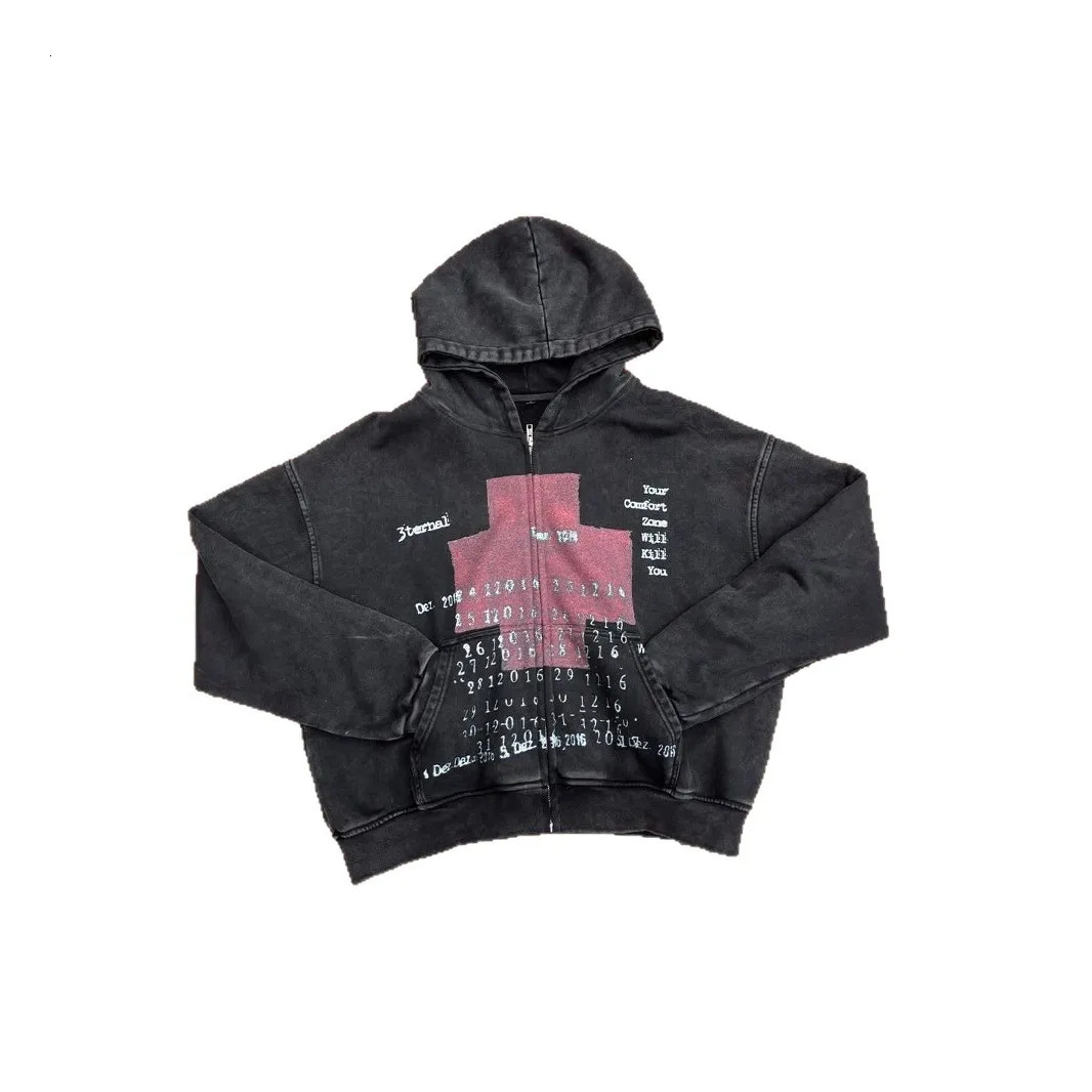 Mens Hoodie Vintage Y2K Streetwear Pullover Gray Sweatshirt Red Cross Print Distressed Style Long Sleeve Casual Dark Fashion 260311
