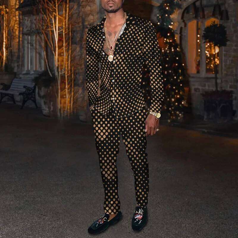 Fashion Summer Men Casual Sportswear 3D Print Striped Patches Men's Lapel Sleeve Shirt Long Pants 2 Piece Sets Clothing