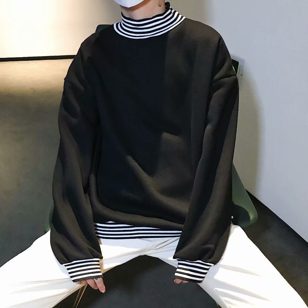 Autumn And Winter Striped High-neck Fleece Sweatshirt For Male Students Designer Hoodie Style Ins Trendy Brand Faux Two-piece Hip-hop Fashion Loose Ja