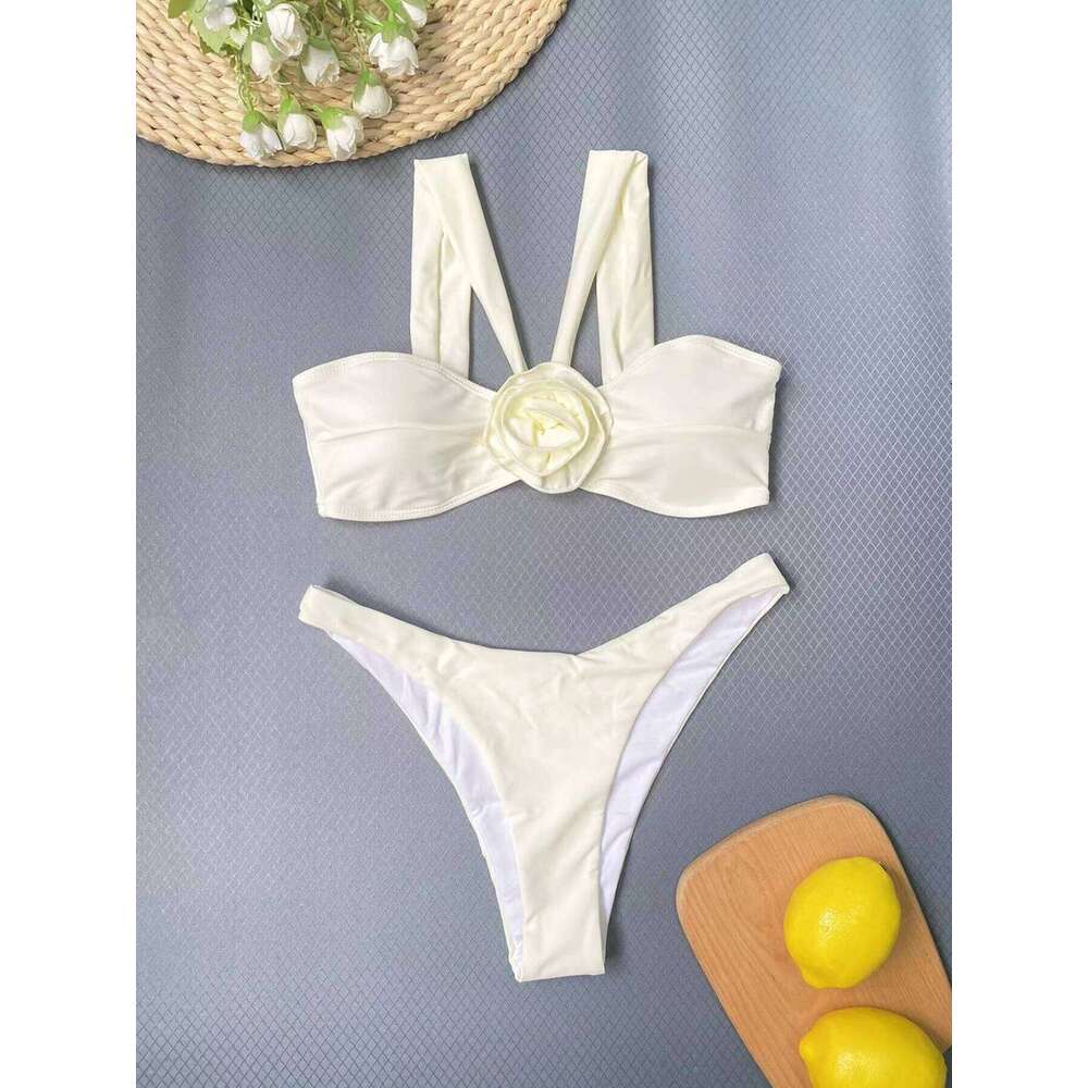2024 New Sexy Flower Three Pieces Bikini Set Swimsuit For Women Bandeau Push Up Swimwear Female Bathing Suit Beach Skirt Y260303