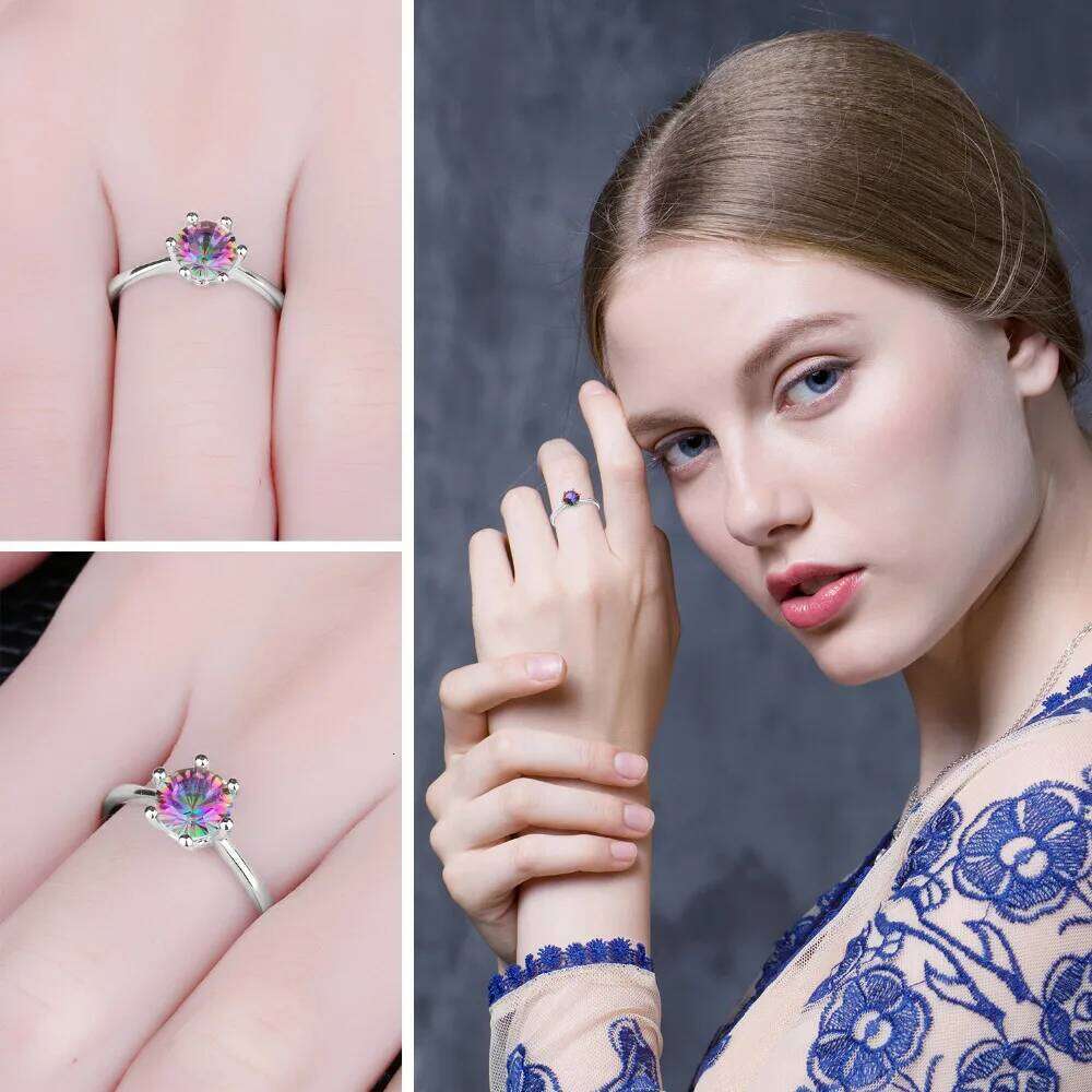 JewelryPalace Natural Rainbow Mystic Quartz 925 Sterling Silver for Women Solitaire Gemstone Jewelry Engagement Ring H260312