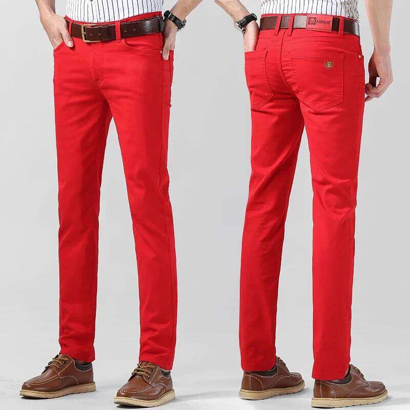 Men's Colorful Stretch Jeans New Elastic Yellow Pink Red Slim Male Clothing Simple Business Denim Trousers 26Y0312