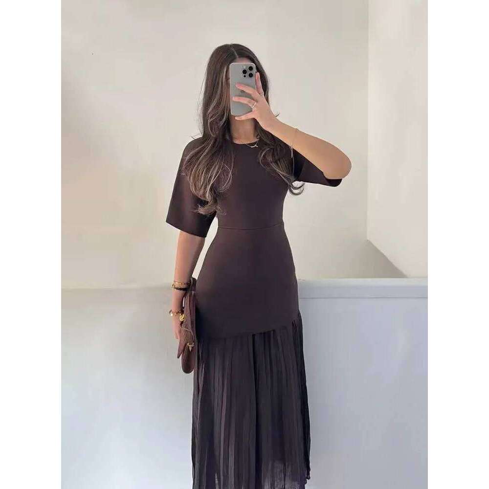 HH Women Elegant Half Sleeves O-Collar Pleated Spring Woman Rear Zipper Splicing Vintage Casual Knitted Long Dress C260312