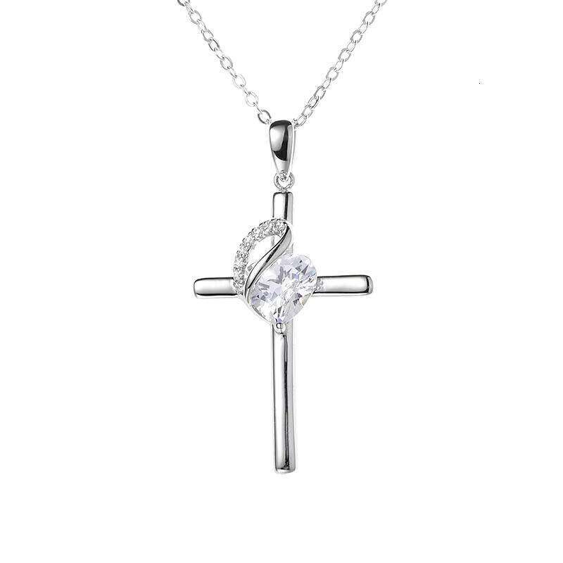 New Pure Sier Jesus Chain Rhodium Plated Heart Cross Pendant Necklace VVS Moissanite Christian