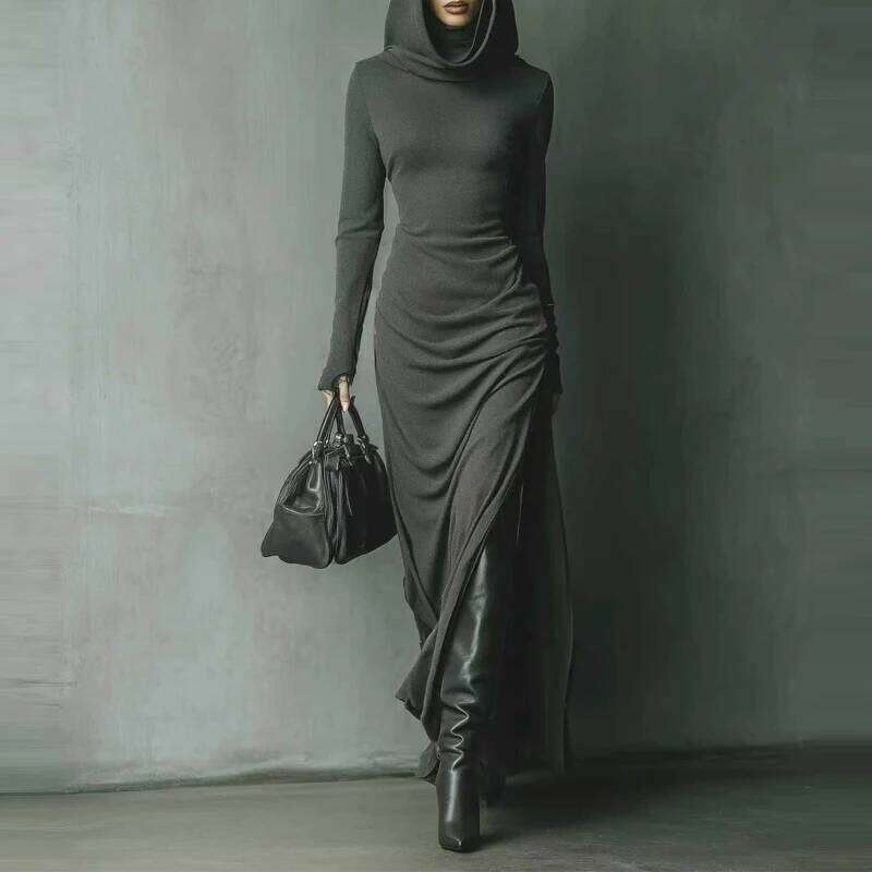 Women Casual Sleeve Slim Fit Maxi Elegant Side Split Hooded Long Fashion Draped Design Solid Color Party Dress C260311