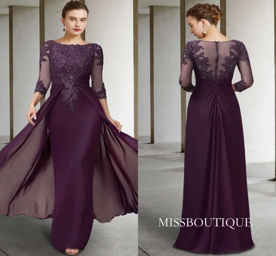2026 Vintage Purple Mother Of Bride Dress Jewel Sequin Appliques Sleeves Godmother Wedding Party Gowns Robe De Soiree D28 B0312