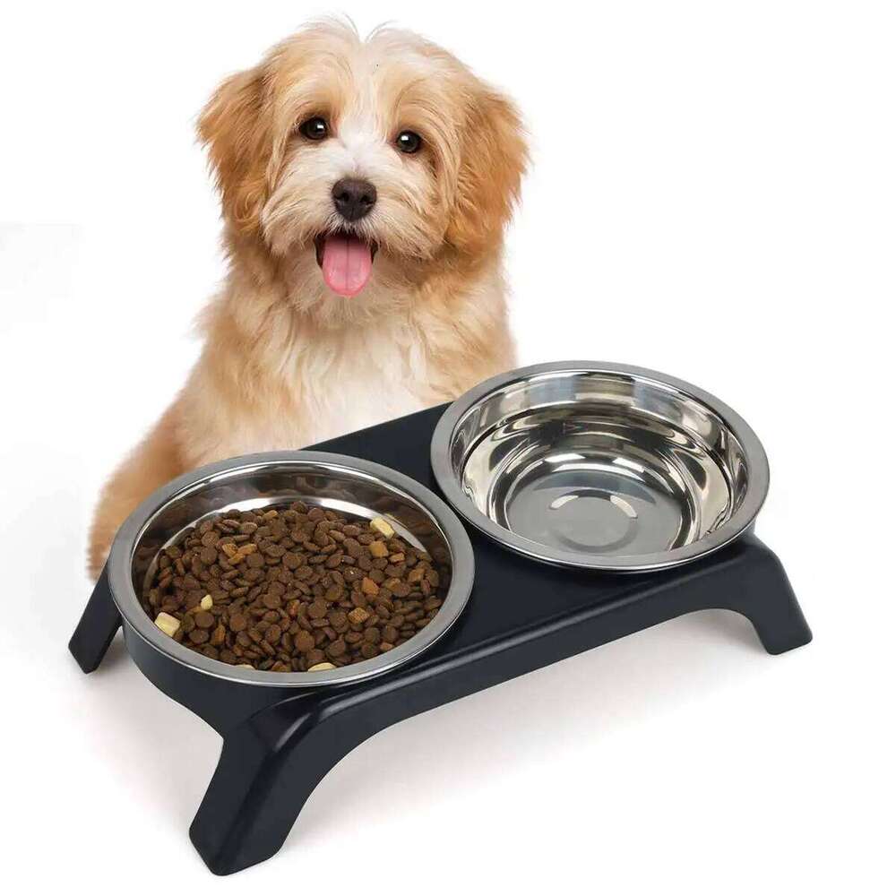 Elevated pet bowl with two stainless steel bowls, suitable for small medium-sized dogs cats, available in black and gray 26Y0312
