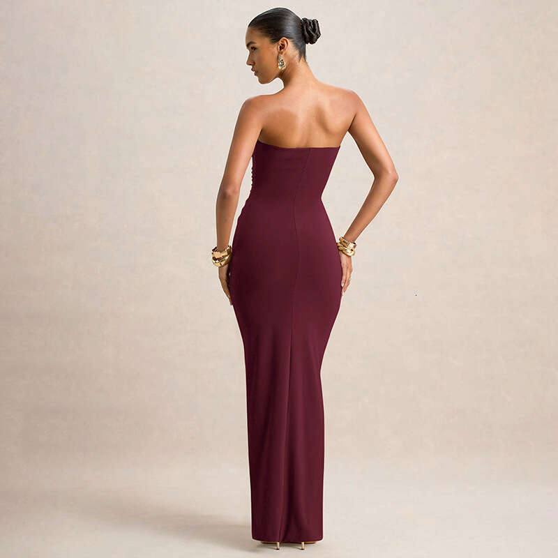 2025 Foreign Trade European and American Women's Fashion Autumn New Solid Color Slim Fit Pleated Wrap with Ribbons Sleeveless Long Dress for Wome
