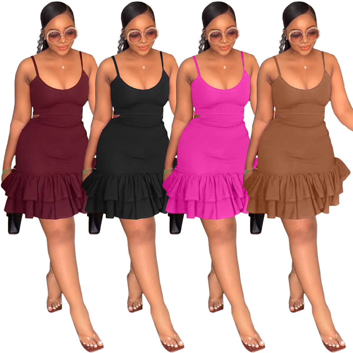 Womens Casual Fashion Strap Low-Cut Ruffle Hem Bodycon Dress