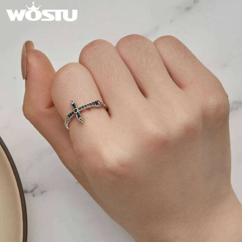 WOSTU Vintage 925 Sterling Silver Black Zircon Cross Rings For Women Retro Punk stackable Ring Hip Hop Jewelry Gift CQR930 H260312