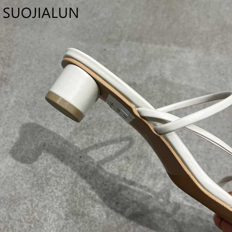 SUOJIALUN Summer Square Low Heel Women Slipper Fashion Narrow Band Ladies Sandal Outdoor Beach Casual Slides Shoes Big Size 40 K260312