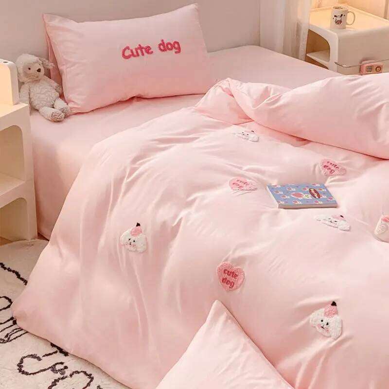 Ins Girly Heart Towel Embroidery Bedding Four-piece Soft Washed Cotton Bed Sheet Quilt Cover Three-piece Set H260312