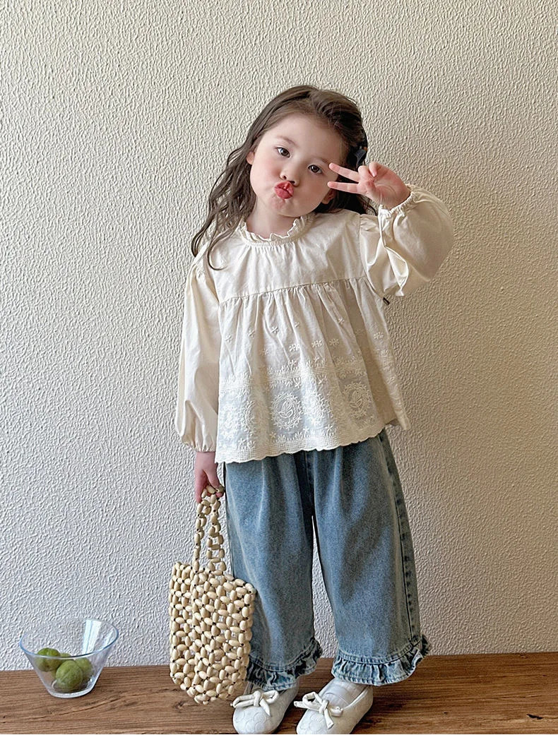 Kids Jeans Girls Spring Autumn Children Fashion Casual Wideleg Pants Ruffled Trousers Princess Sweet and Lovely 260311