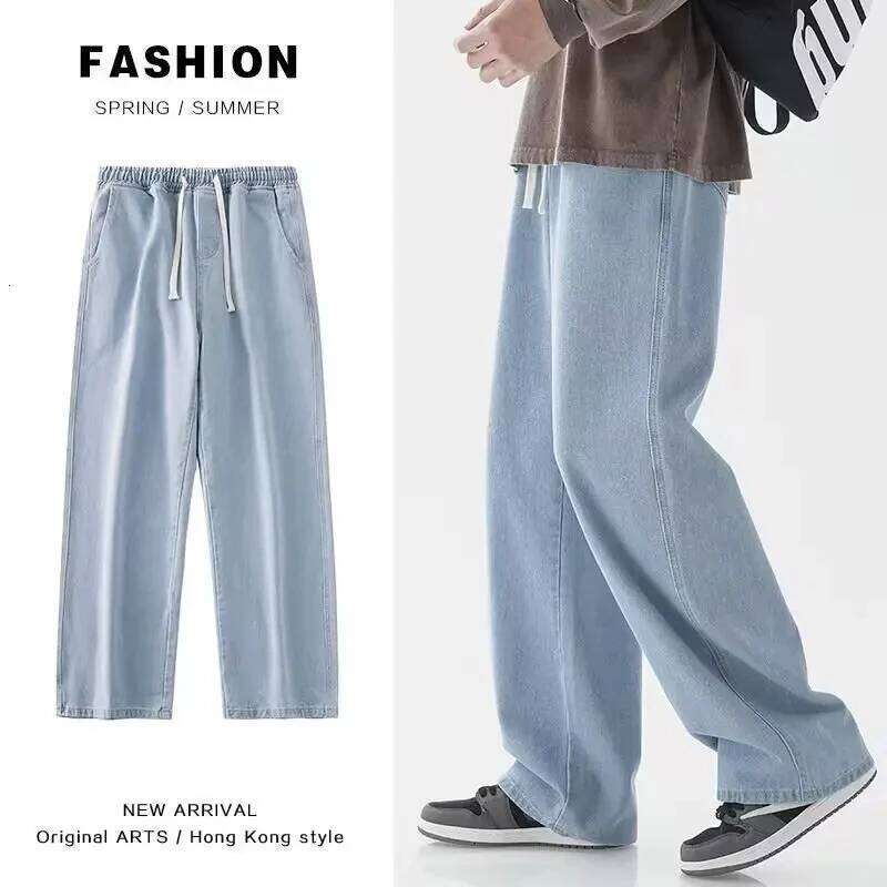 New Streetwear Jeans Men Korean Style Fashion Loose Straight Wide Leg Pants Men's Brand Clothing Black Light Blue 3XL 26Y0312