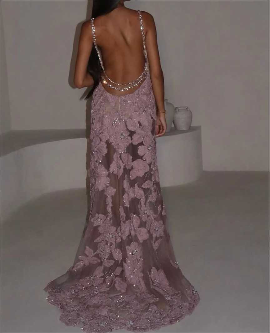 Nice-looking Evening Dresses Deep V-Neck Crystals Sequins Sleeveless Backless Party Dresses Celebrity Prom Gown Customized Vestido De Novia