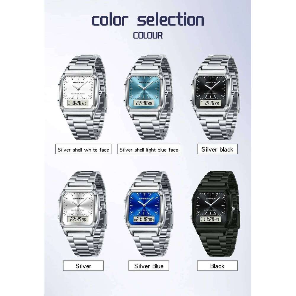SANDA 747 Men's Quartz Digital Waterproof Casual Fashion Wear-resistant Stainless Steel Couple Strap Square Watch