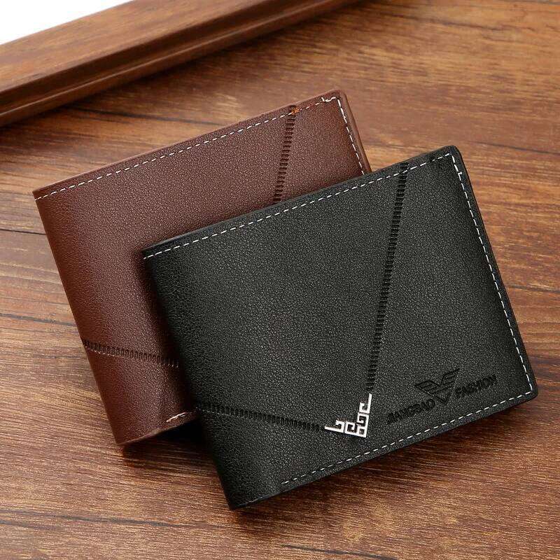 Lychee Texture Leather Clip Short Men'S Coin Wallet Business-Style Cash Money Purse Multi Patchwork Card Slot Holder