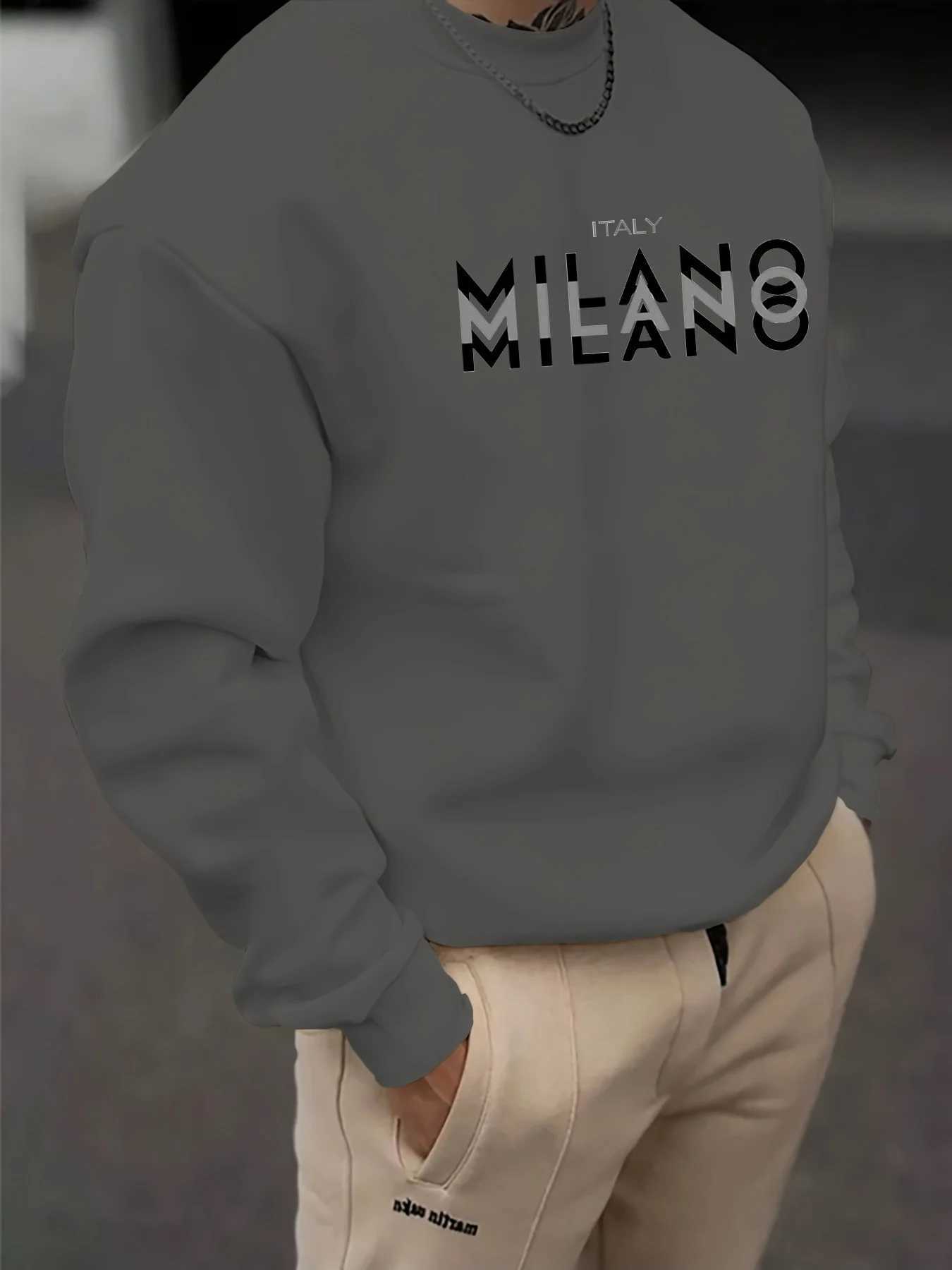 Mens autumn and winter casual loose fashion classic MILANO ITALIA letter pattern printed long sleeved round neck sweatshirt M260312