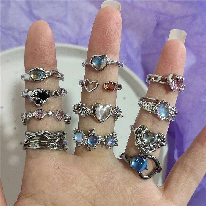 Kpop 90s Grunge Aesthetic Irregular Liquid Metal Heart Moonstone Open Ring For Women Vintage Jewelry EMO Y2K Accessories H260312