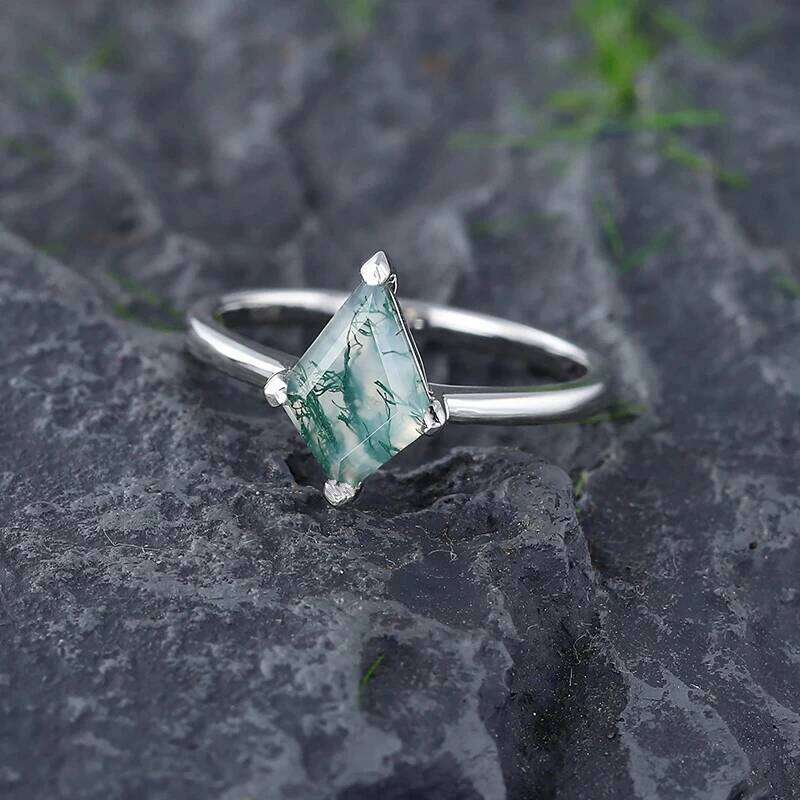 925 Sterling Silver Kite Shaped Moss Agate Engagement Ring Vintage Solitaire Rings for Women Unique Wedding Bridal Promise Gifts H260312