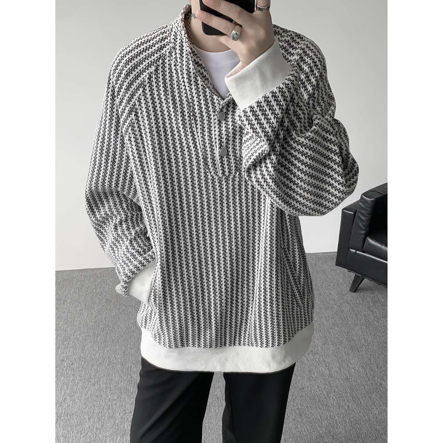 Retro Fishbone Pattern Designer Hoodie Henry Collar Long-sleeve T-shirt For Men Autumn Couple's Jacquard Sweatshirt With Polo Collar