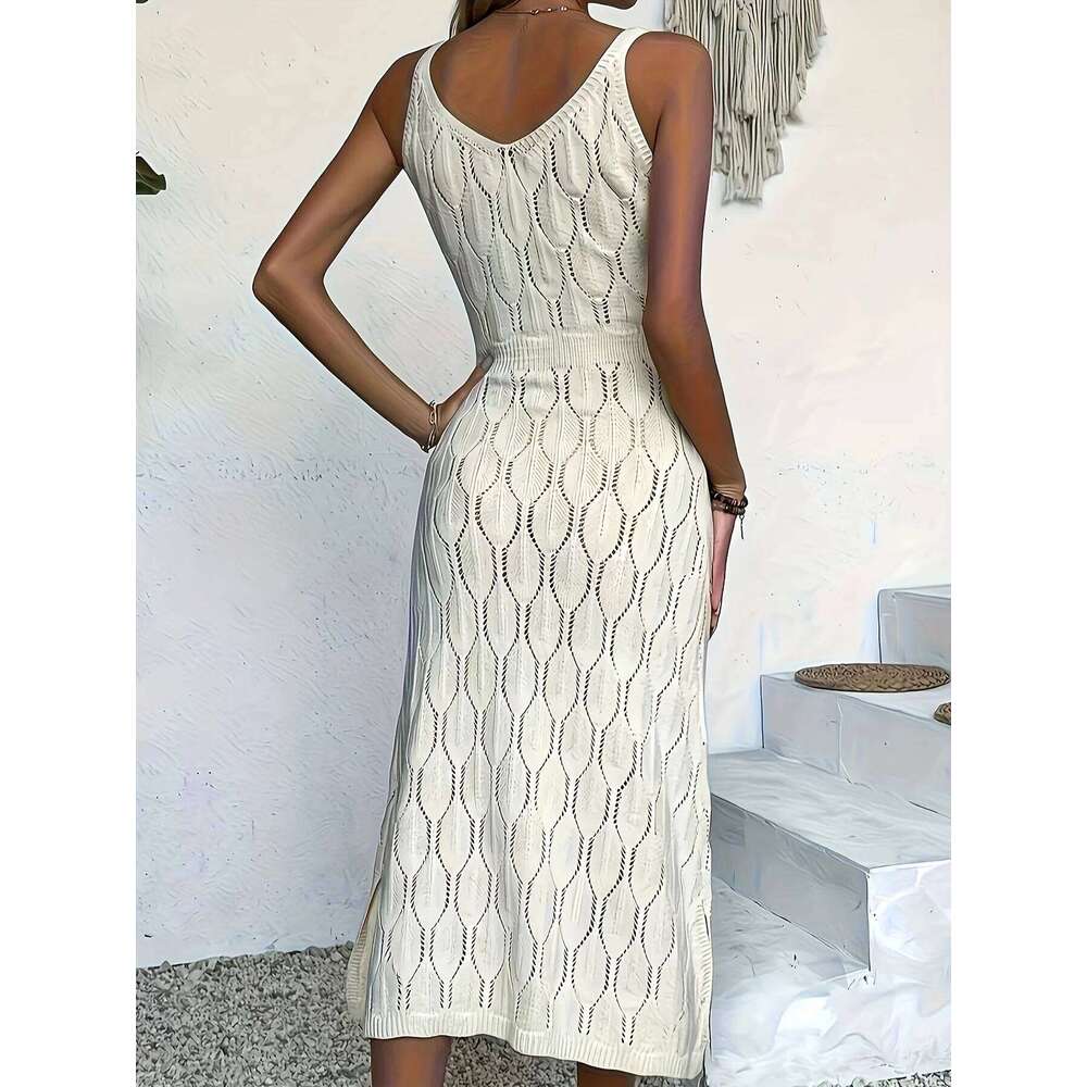 Knitted mix sleeveless long coat-style sweater dress semi-sheer and unlined C260311