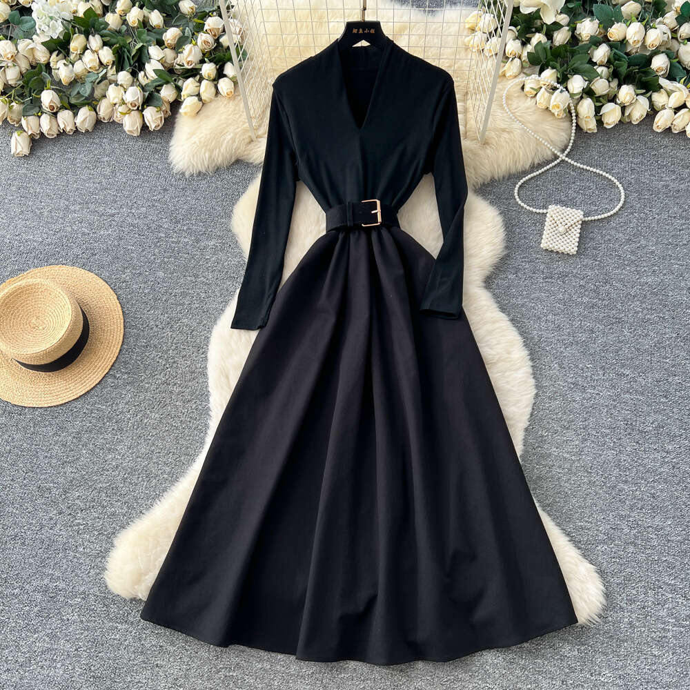 2026 French Elegant Mature Women's High end a27 V-neck Long sleeved Dress with Tie and Waist Splicing Design