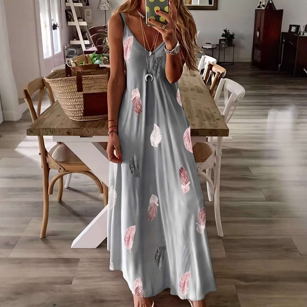 Cross-border European and American 3D digital print ocean-themed floral feather high-end women's pullover V-neck strap dress