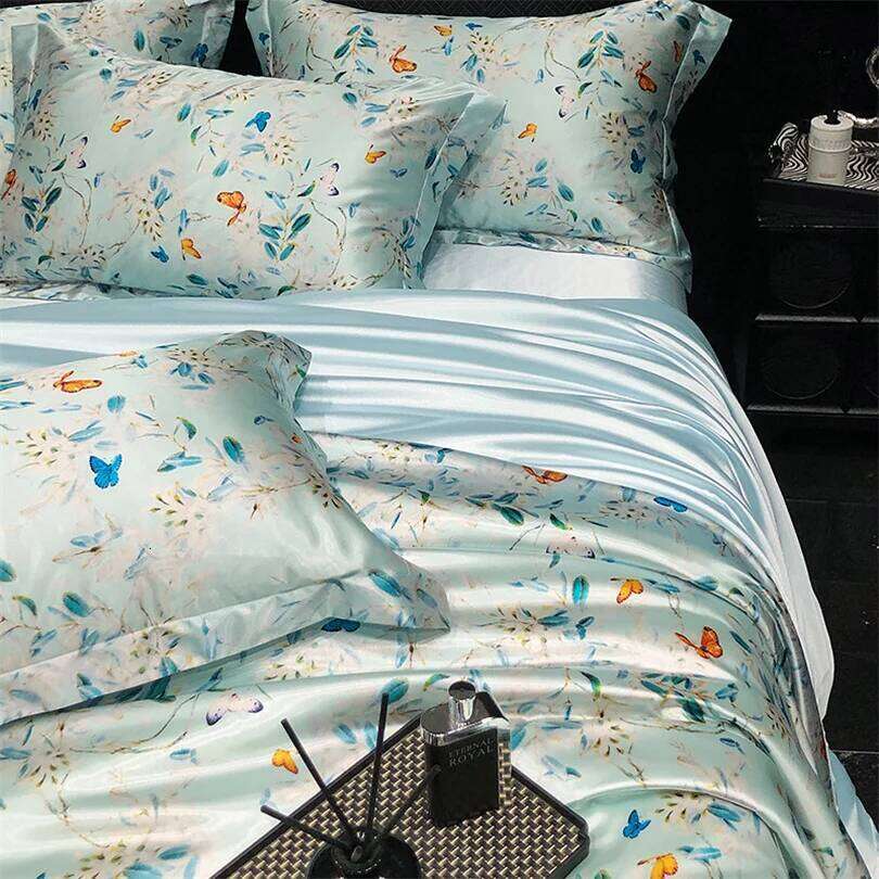 Floral Silk Bedding Set with Duvet Cover Bed Sheet Pillowcase Couple Single Double King Queen Soft Bedsheet Nordic Smooth H260312
